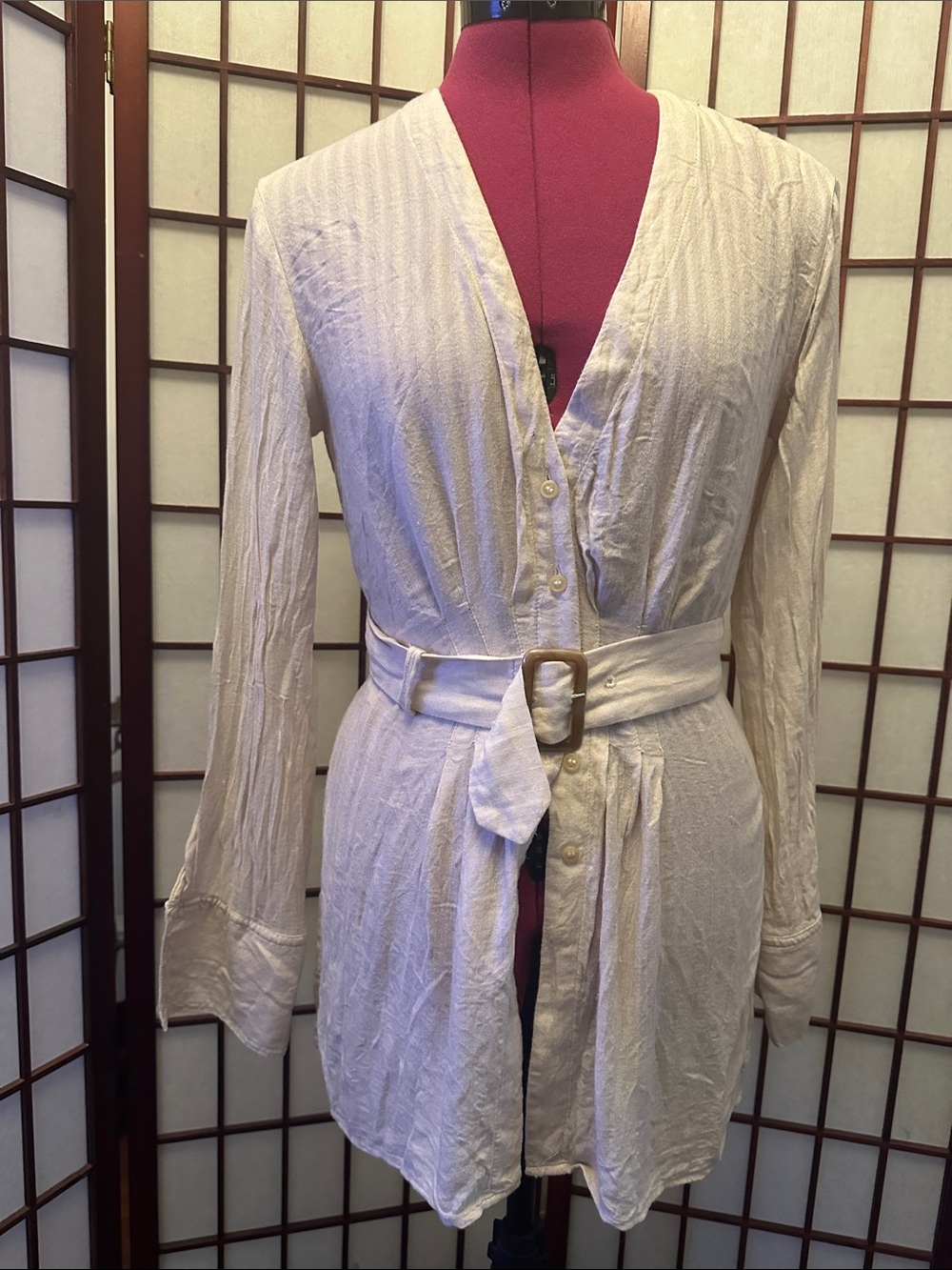 Free People Cream Button-Front Tunic with Buckle Belt